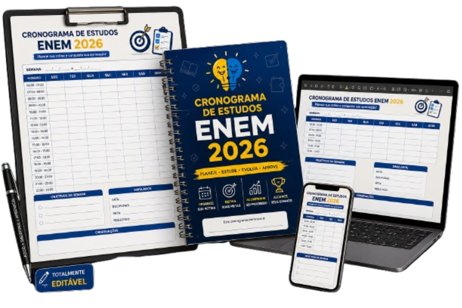 Cronograma de Estudos ENEM 2026, totalmente editável, no papel, no computador e no celular