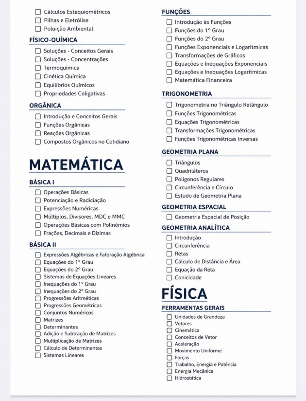 Checklist de Matemática e Física, tópico por tópico
